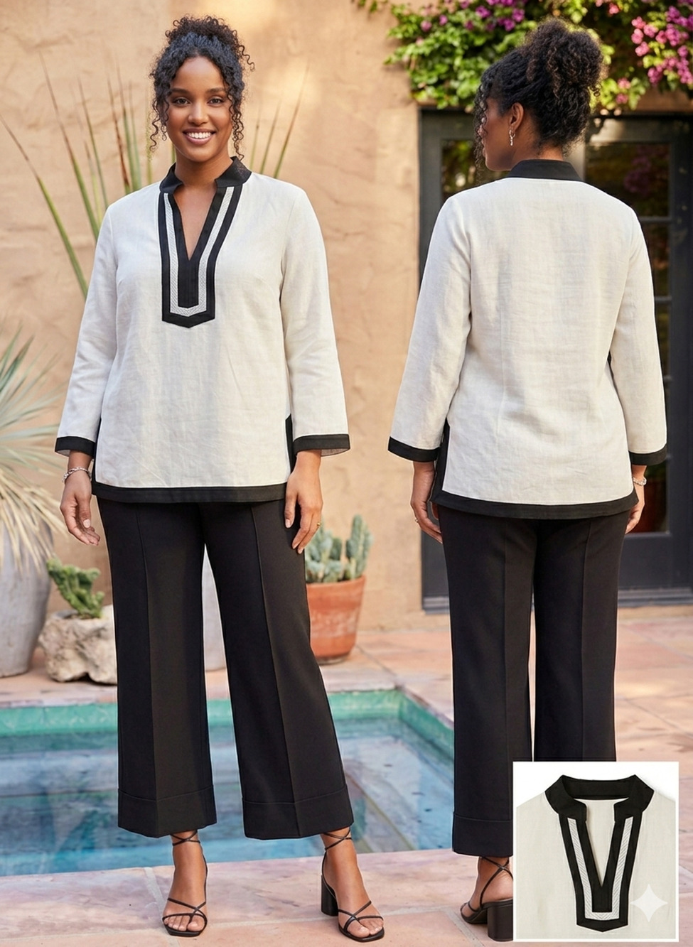 Linen Tunic Top Blouse Cream White Black Contrast Trim Coastal Grandma Resort- L